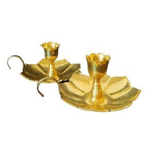 Vintage Solid Brass Chamberstick Candle Holder Lot of 2 Candlestick Lotus Flower